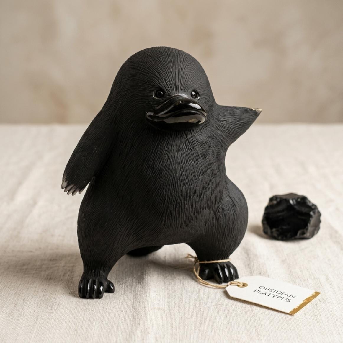 Hand-Carved Obsidian Platypus Statue, Natural Black Stone Animal Decor