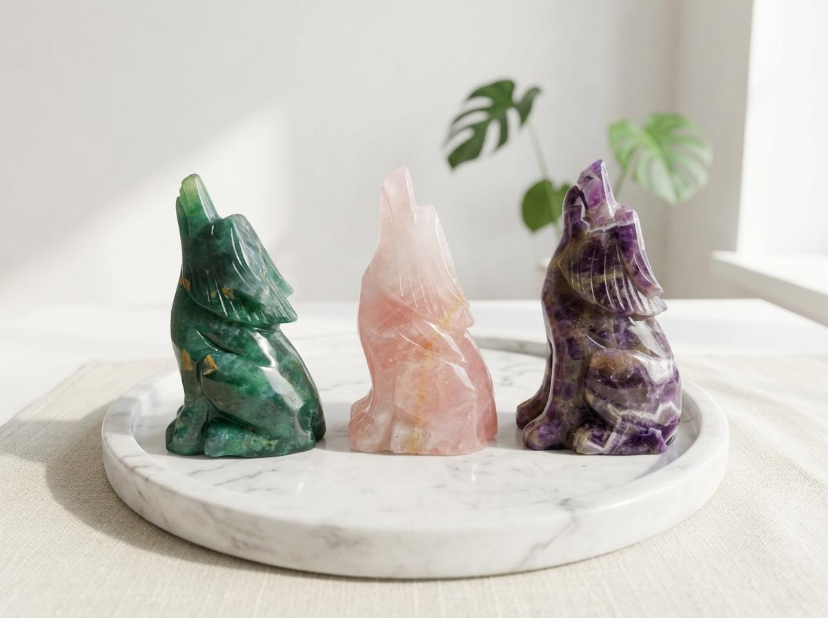 Crystal Wolf Carving, Gemstone Wolf Figurine, Fluorite, Rose Quartz & Amethyst, Spiritual Home Decor