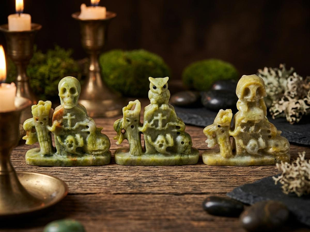 Cauliflower Jade Carved Owl, Skull, and Cross Figurine, Polished Stone Sculpture