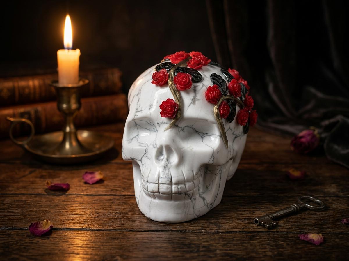 White Turquoise Skull Sculpture with Red Roses, Gothic Floral Decor