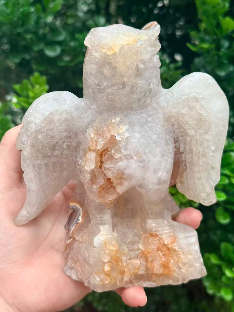 Hand Carved Geode Agate Owl Druzy Crystal Sculpture Bird Lover Gift