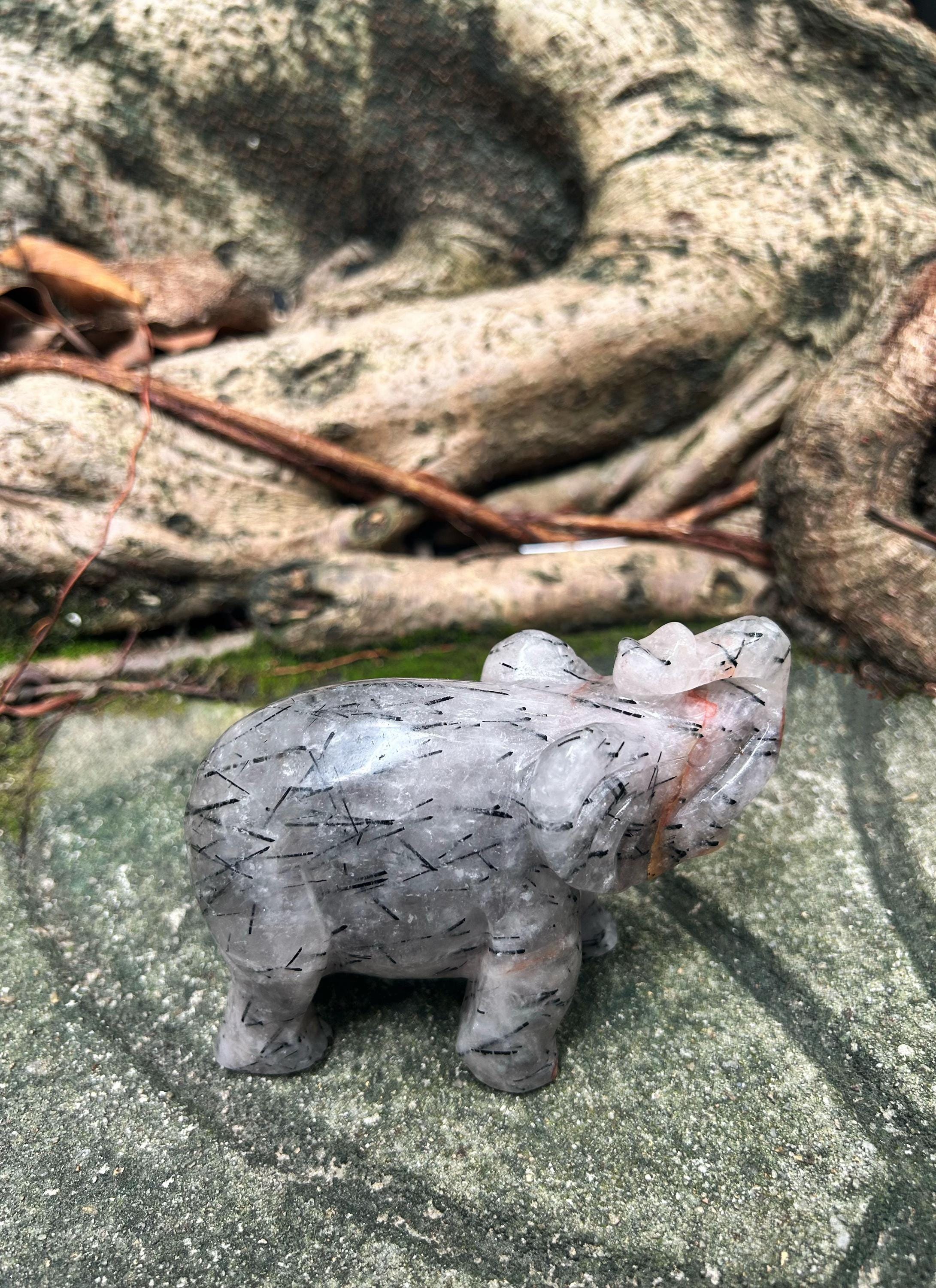 Black Rutilated Quartz Elephant Carving, Elephant Statue for Desk & Bookshelf, Symbol of Strength, Wisdom or Protection, Crystal Home Decor