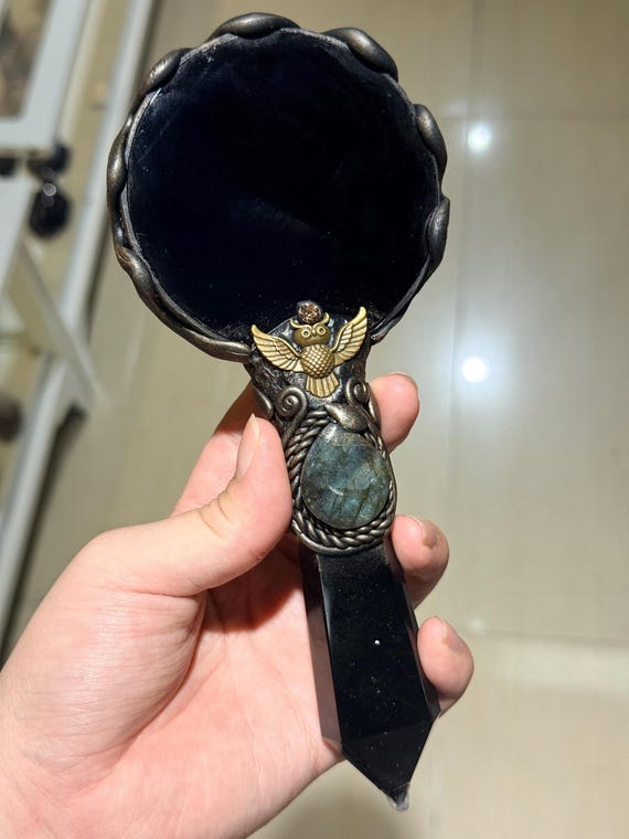 Black Obsidian Scrying Mirror, Gemstone Inlay Ritual Tool, Witchy Altar Decor, Divination Mirror