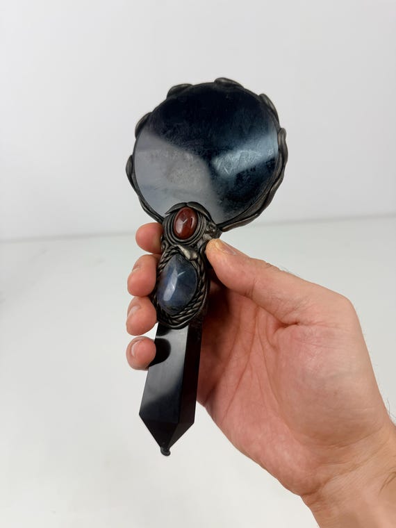 Black Obsidian Scrying Mirror, Gemstone Inlay Ritual Tool, Witchy Altar Decor, Divination Mirror