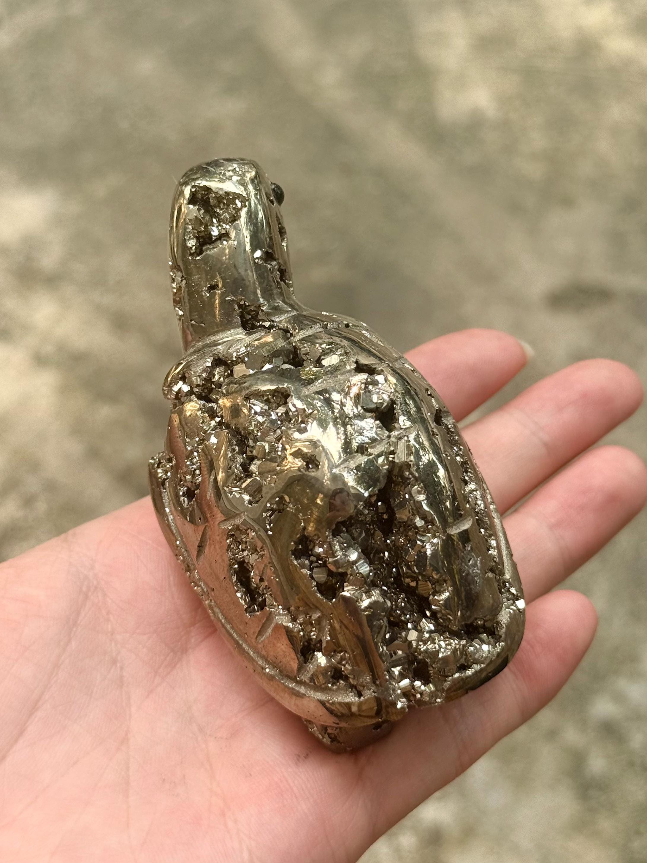 Pyrite Turtle Figurine, Hand Carved Crystal Animal Sculpture, Feng Shui Decor, Good Luck Gift