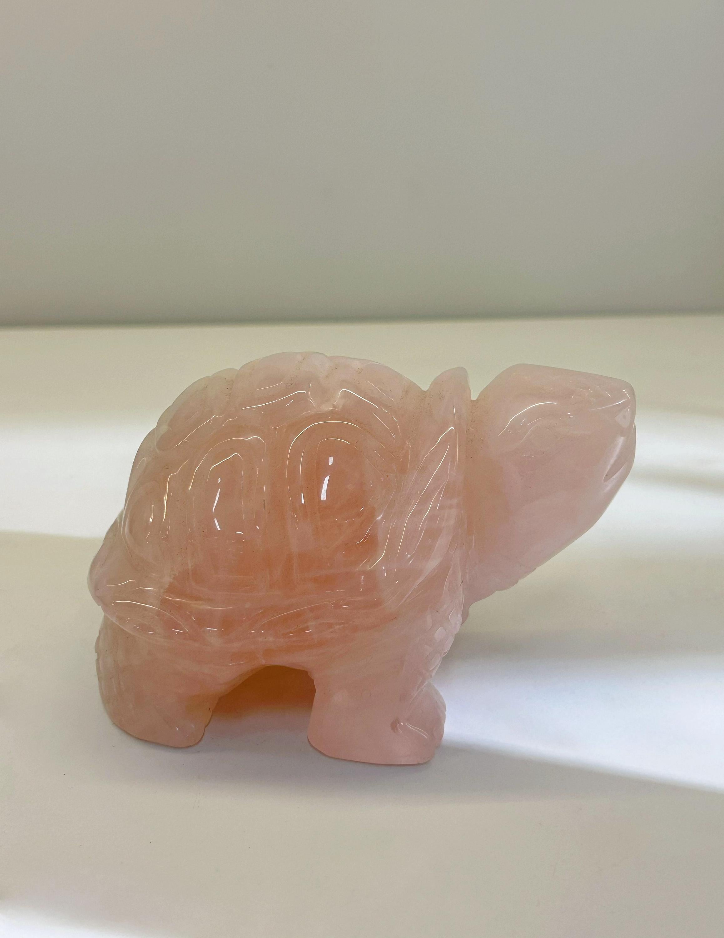 Natural Pink Crystal Turtle Figurine, Hand Carved, Love & Longevity Feng Shui Decor