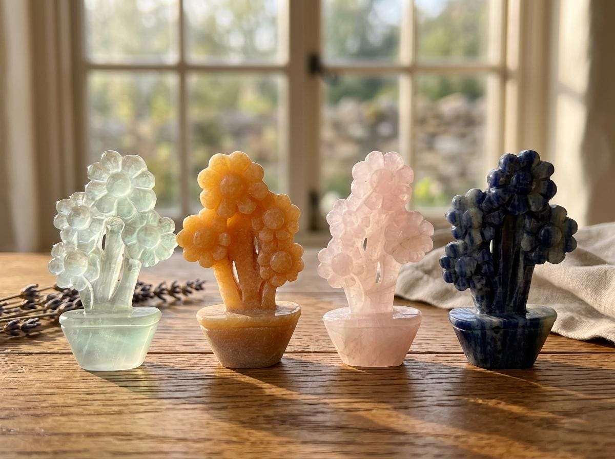 Hand Carved Gemstone Flower Tree, Mini Crystal Bonsai, Feng Shui Decor