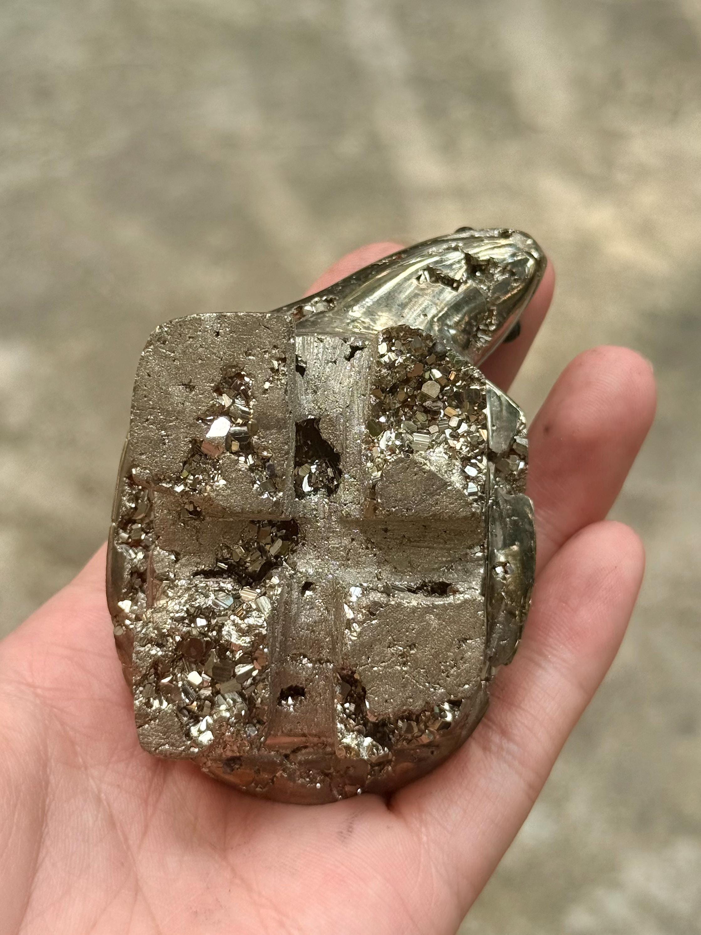 Pyrite Turtle Figurine, Hand Carved Crystal Animal Sculpture, Feng Shui Decor, Good Luck Gift