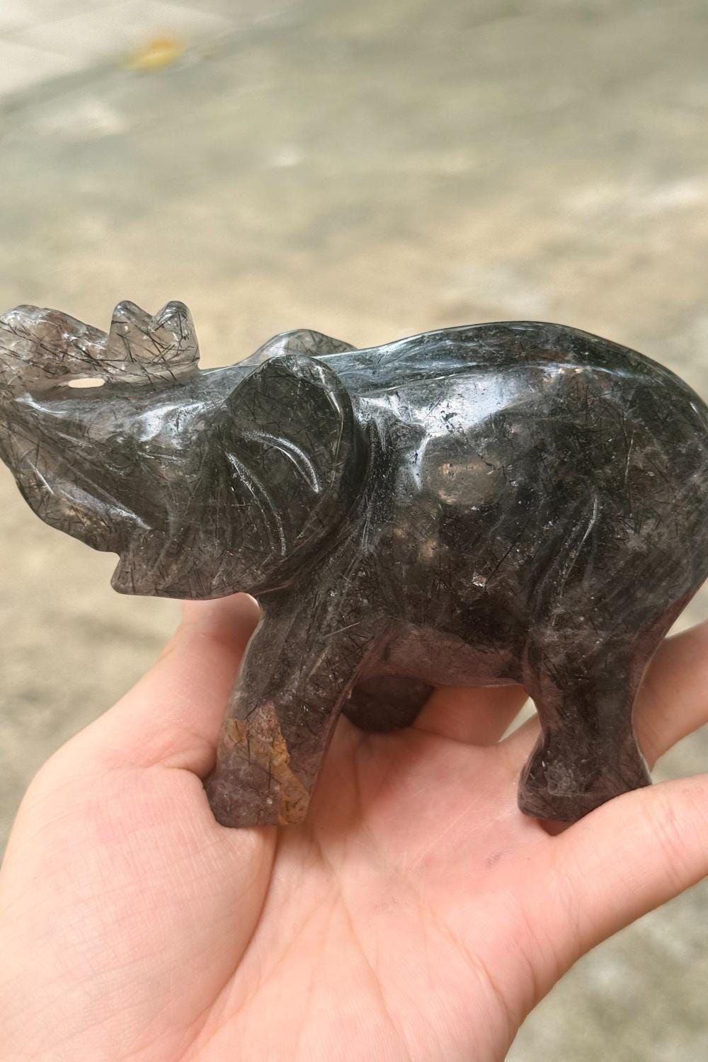 Black Tourmaline Elephant Figurine, Hand Carved Crystal Animal, Feng Shui Decor