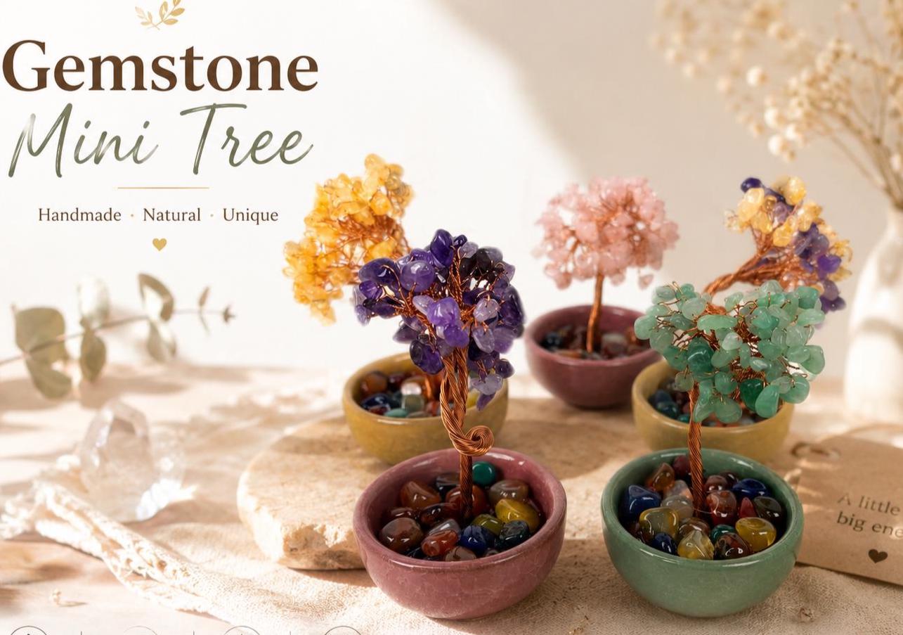 Handmade Gemstone Mini Tree, Natural Crystal Chips, Copper Wire Branches, Feng Shui Decor