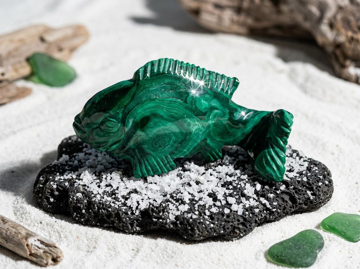 Natural Malachite Fish Carving, Crystal Figurine, desk companion, meaningful gift