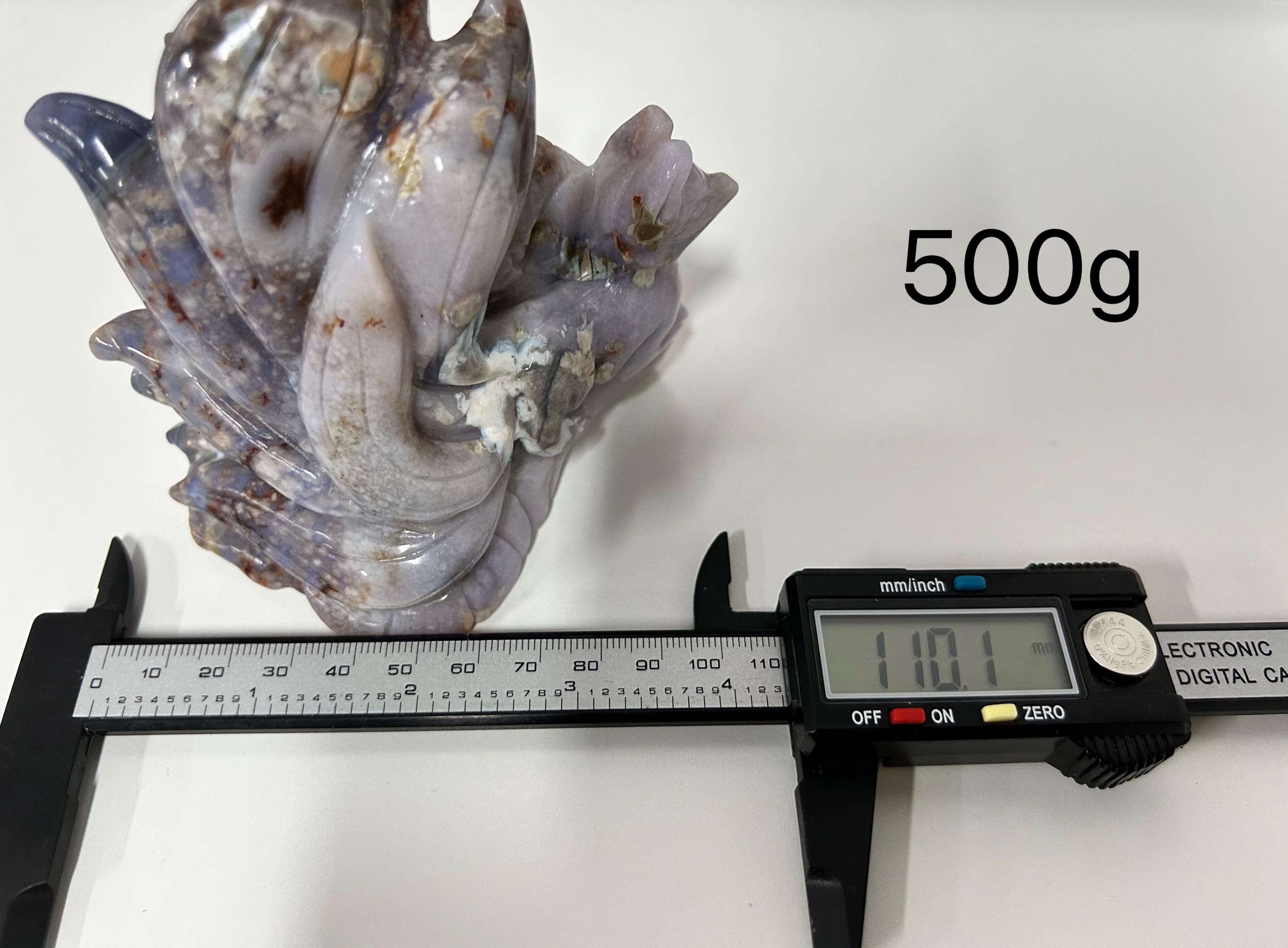 Blue Cherry Blossom Agate Nine-Tailed Fox Carving, Hand-Carved Crystal Fox Statue, Healing Gemstone Sculpture, Reiki Energy Stone Home Decor
