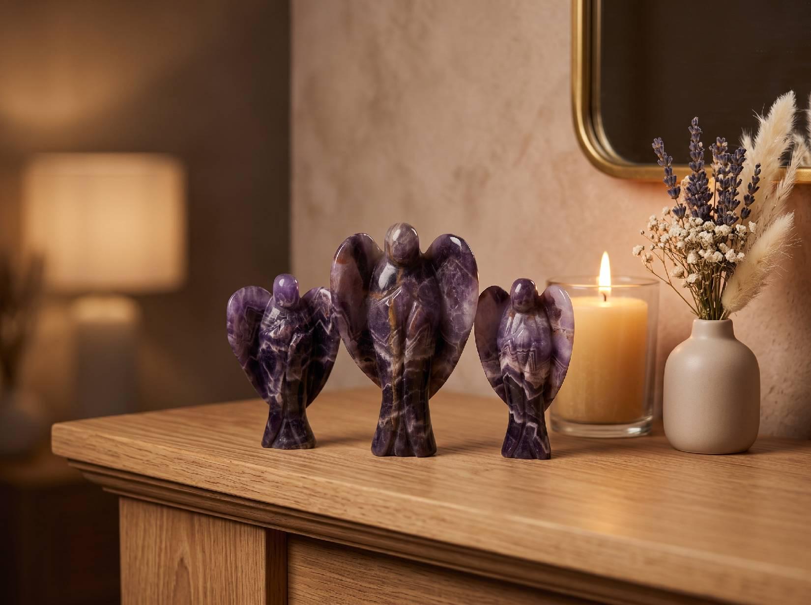 Dream Amethyst Angel Figurine, Hand Carved Natural Crystal Guardian Meditation Decor