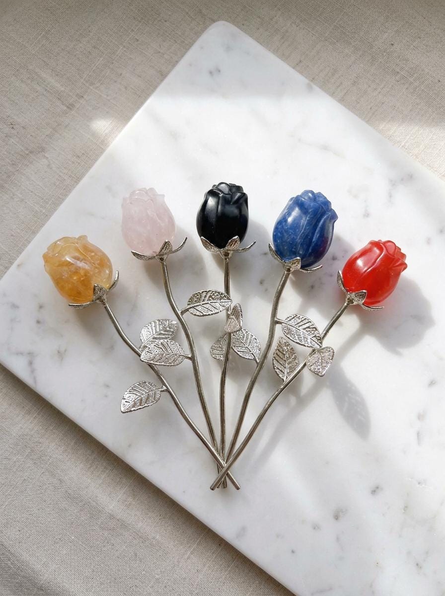 Eternal Crystal Flower, Natural Gemstone Carved Rose with Silver Stem, Everlasting Birthday Gift for Her, Healing Reiki Home Decor