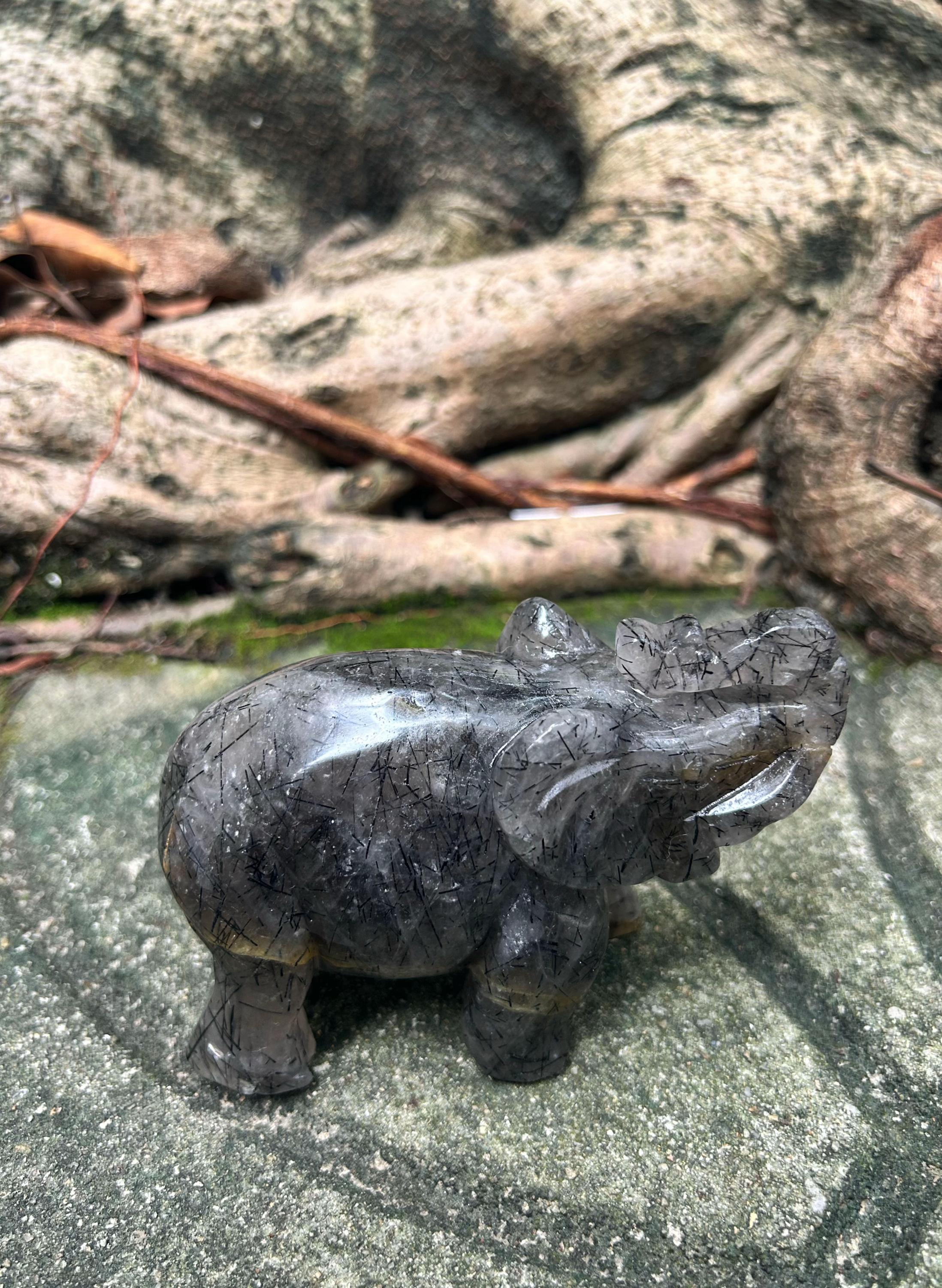 Black Rutilated Quartz Elephant Carving, Elephant Statue for Desk & Bookshelf, Symbol of Strength, Wisdom or Protection, Crystal Home Decor