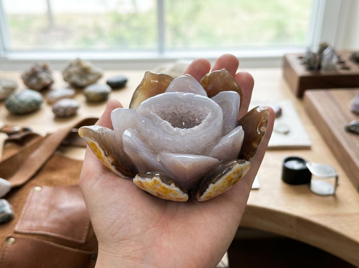 Natural Agate Geode Lotus Carving, Hand-Polished Crystal Flower Sculpture for Meditation, Reiki Healing, Home Decor & Feng Shui