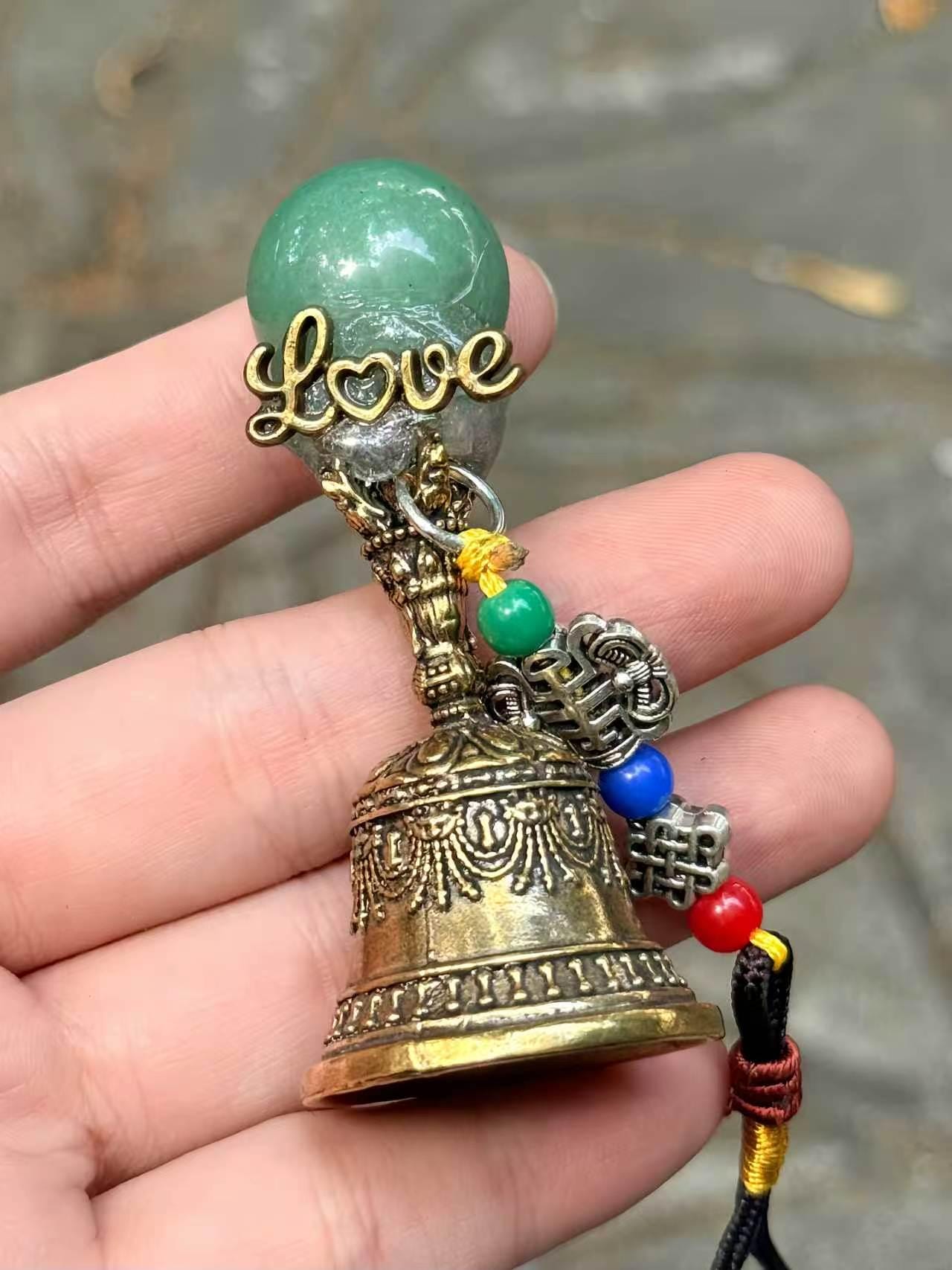 Natural Gemstone Bell Keychain, Antique Gold-Tone Charm, Good Luck Ornament