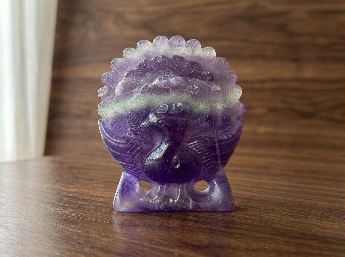 Purple Fluorite Peacock Carving, Natural Crystal Bird Figurine, Unique Home Decor, elegant housewarming gift