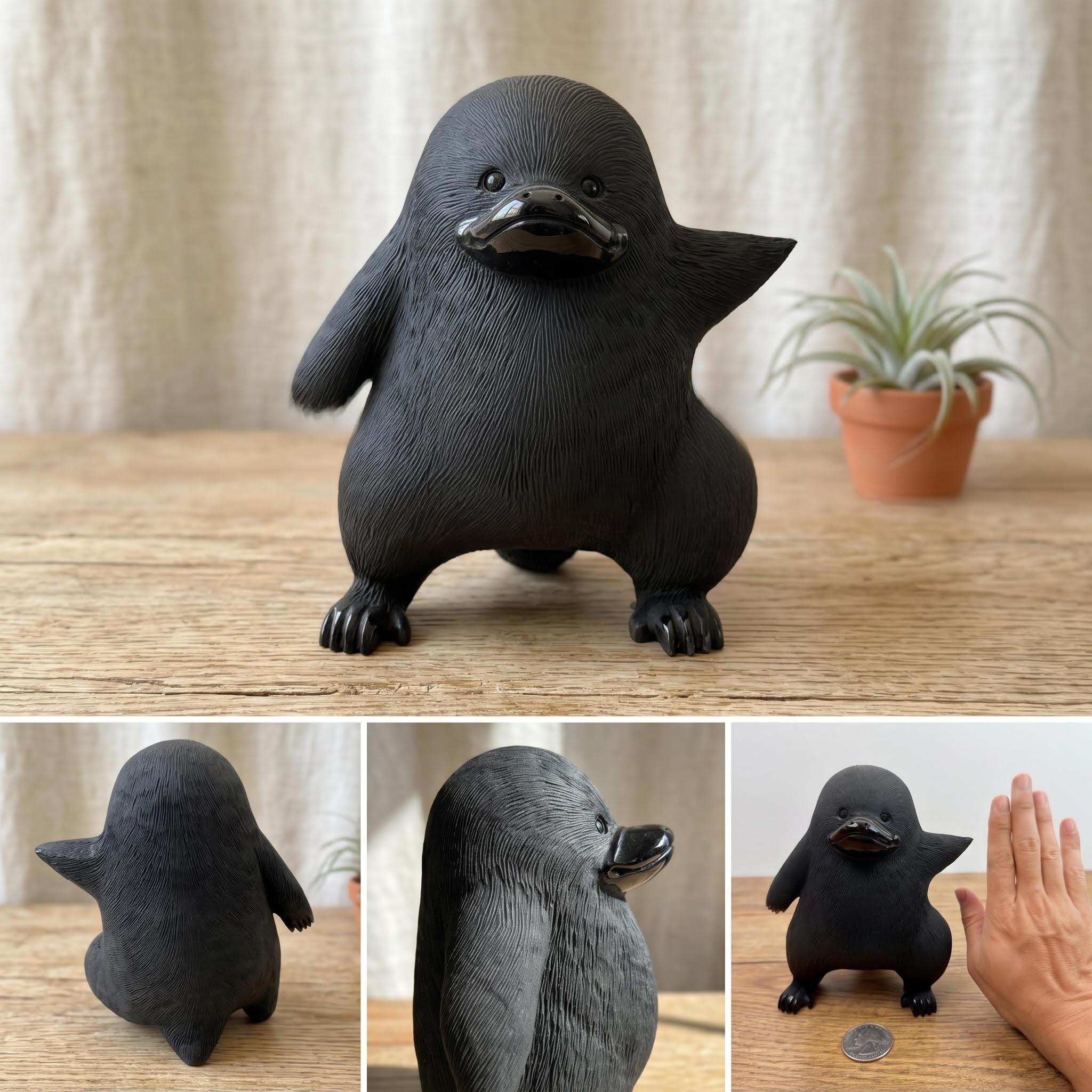 Hand-Carved Obsidian Platypus Statue, Natural Black Stone Animal Decor