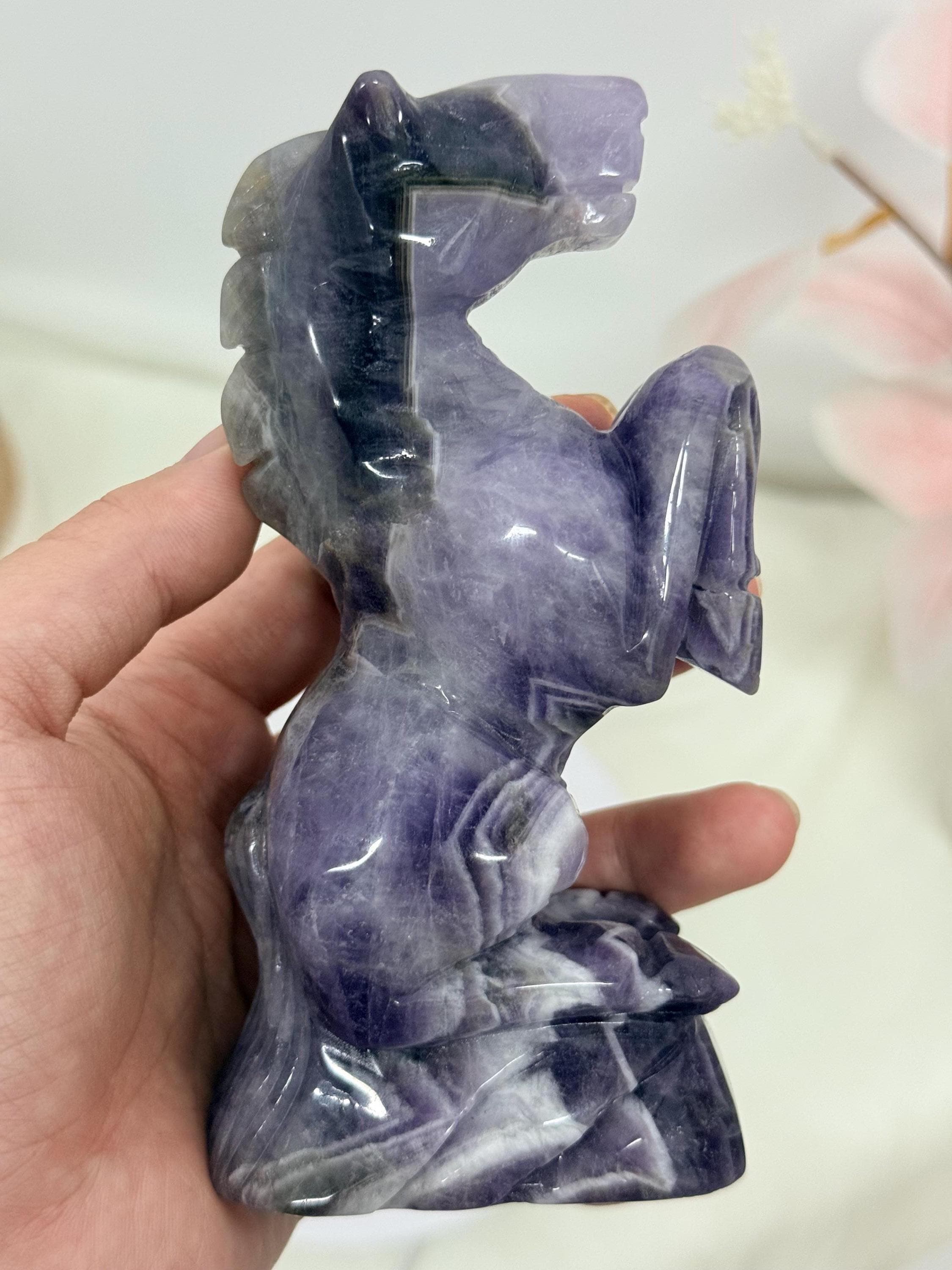Dream Amethyst Horse Carving Chevron Crystal Figurine Equine Decor Gift