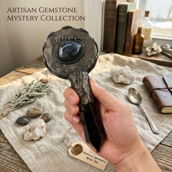 Black Obsidian Scrying Mirror, Gemstone Inlay Ritual Tool, Witchy Altar Decor, Divination Mirror