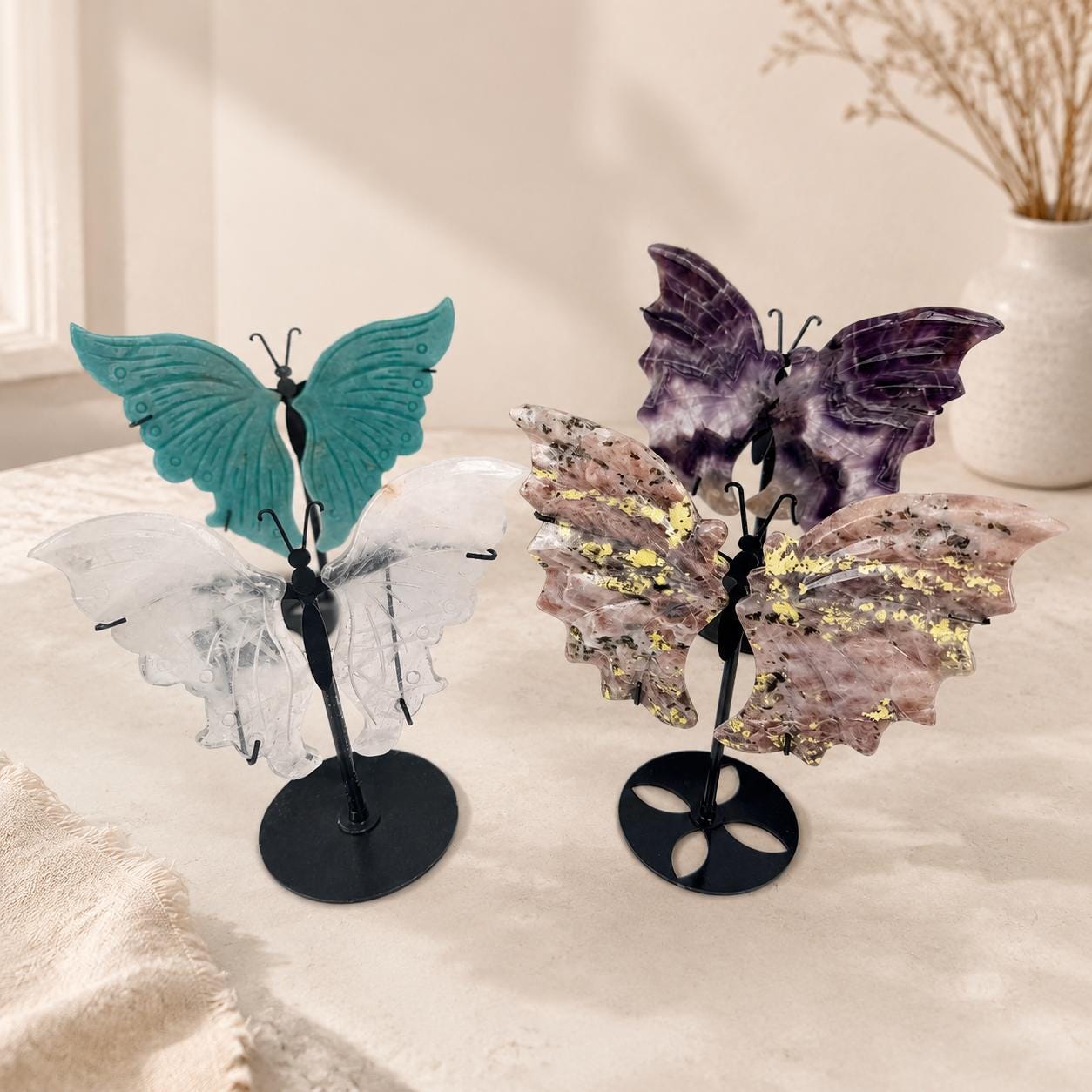 Handmade Natural Gemstone Butterfly Sculpture, Crystal Decor, Spiritual Ornament