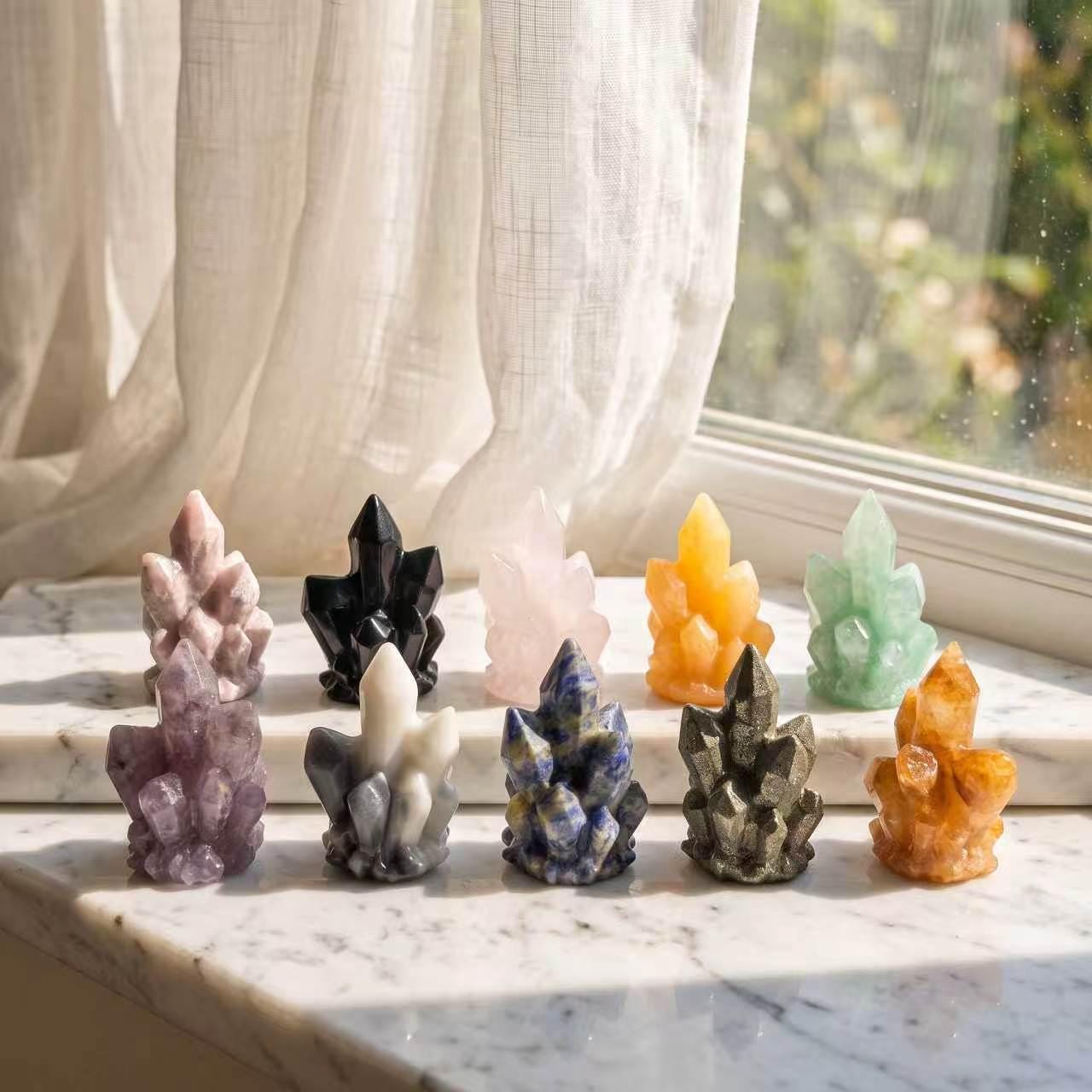 Crystal Cluster Carving, Mixed Gemstone Point Cluster, Mini Crystal Tower Display, Desk Decor, Crystal Lover Gift