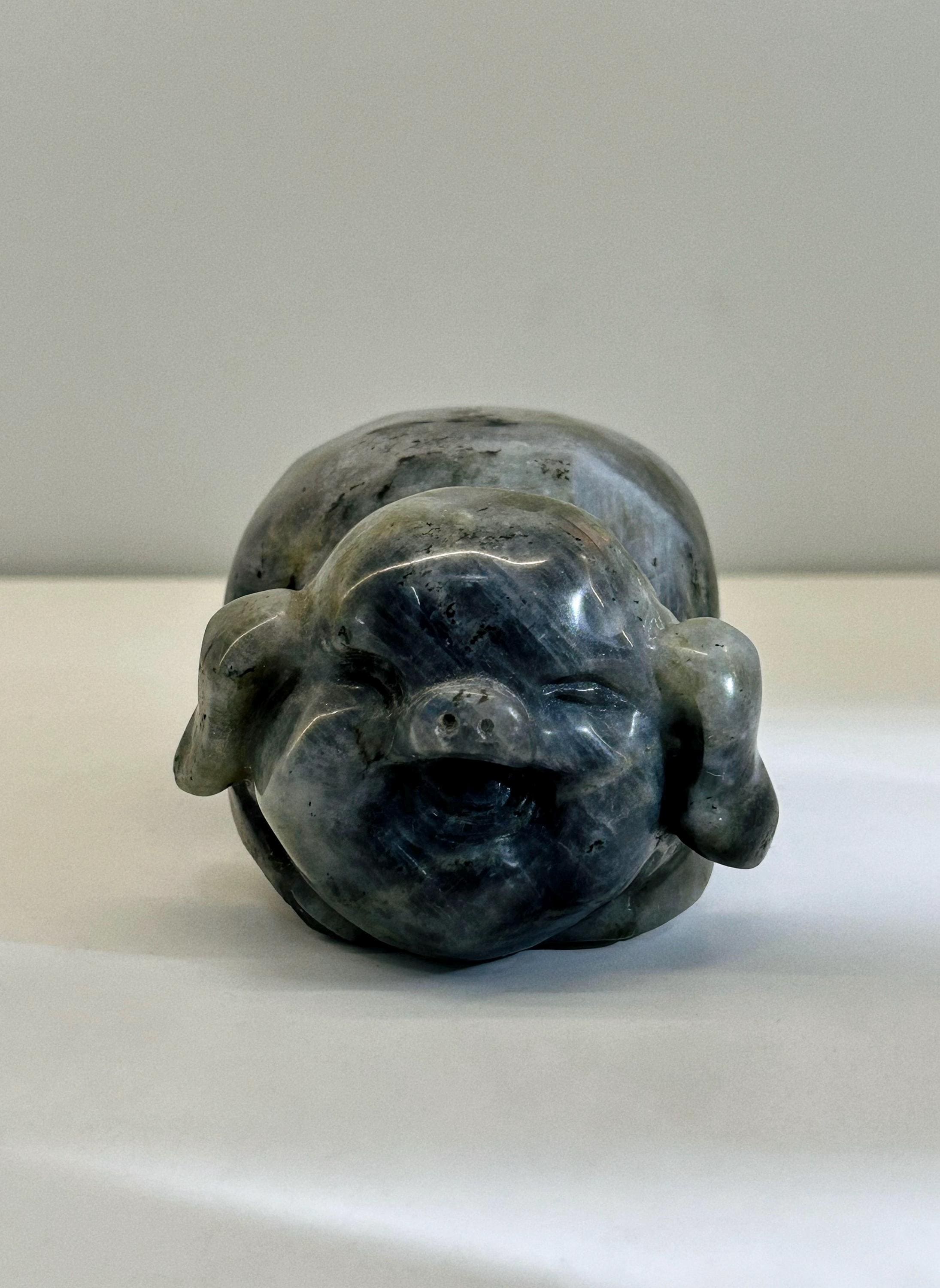 Cute Happy Farm Pig Carving, Labradorite Crystal, Rustic Farmhouse Decor, Lucky Wealth Feng Shui Pocket Stone