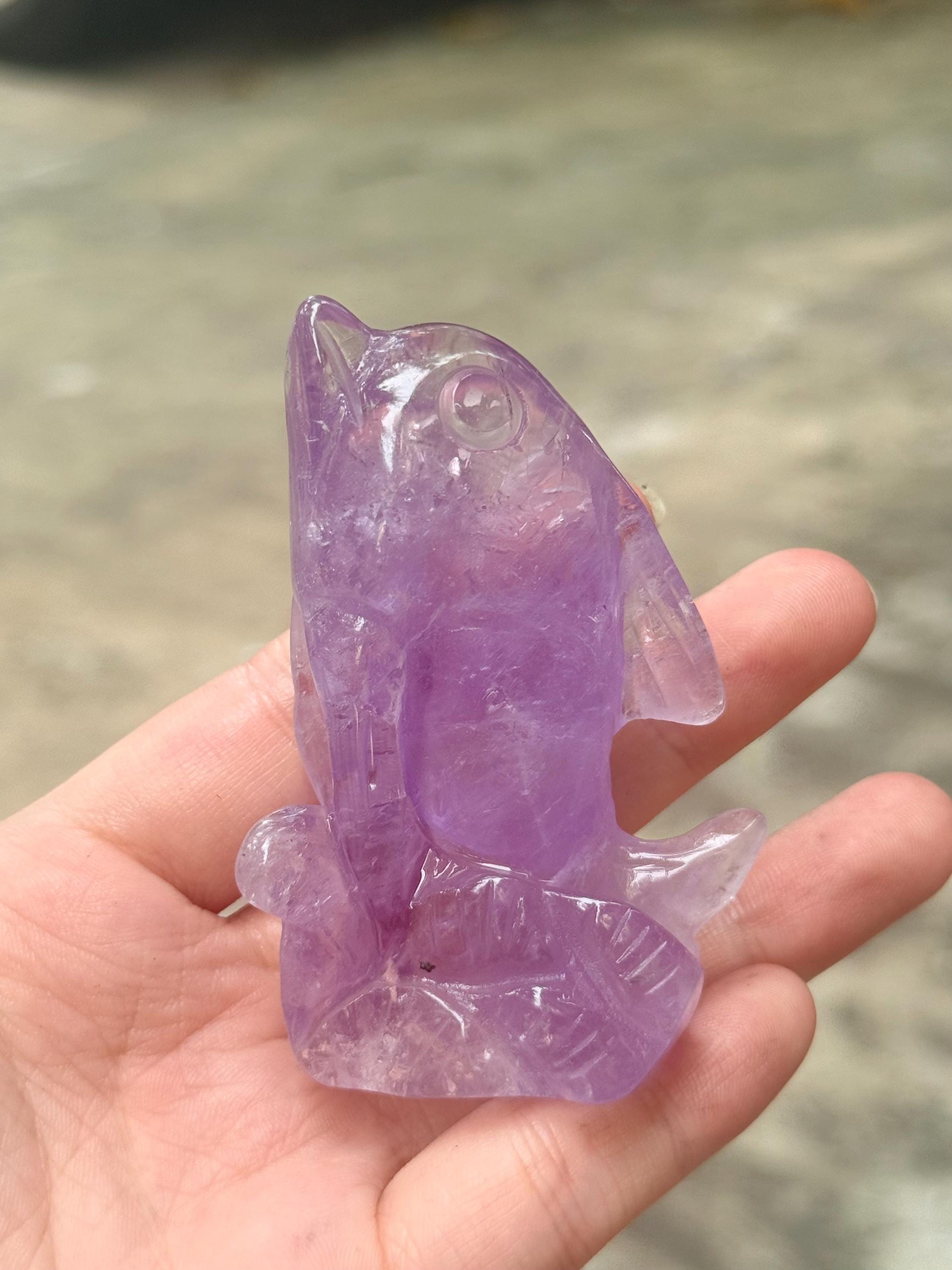 Amethyst Dolphin Figurine, Small Crystal Animal Carving, Beach House Decor, Ocean Lover Gift
