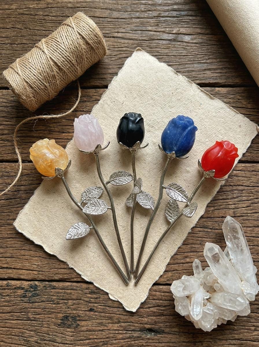 Eternal Crystal Flower, Natural Gemstone Carved Rose with Silver Stem, Everlasting Birthday Gift for Her, Healing Reiki Home Decor