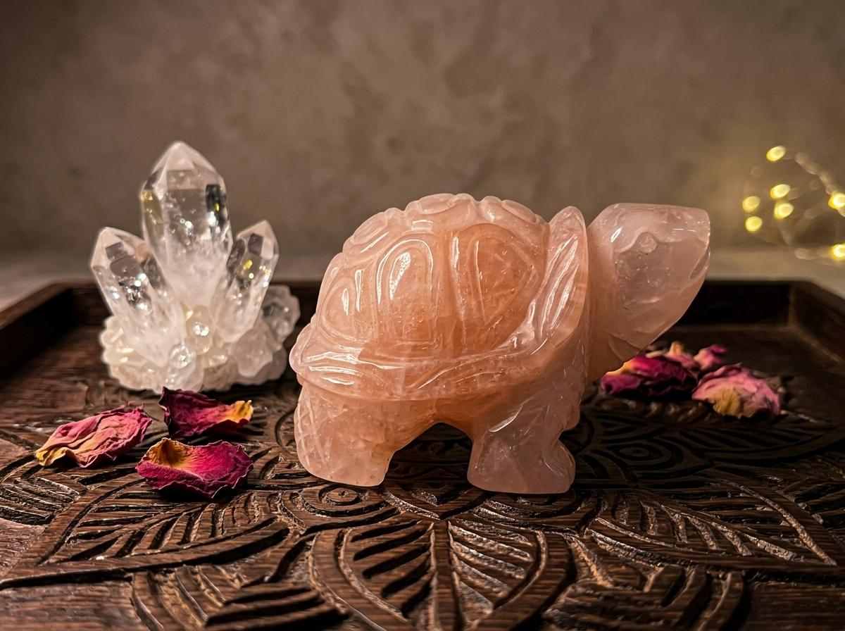 Natural Pink Crystal Turtle Figurine, Hand Carved, Love & Longevity Feng Shui Decor