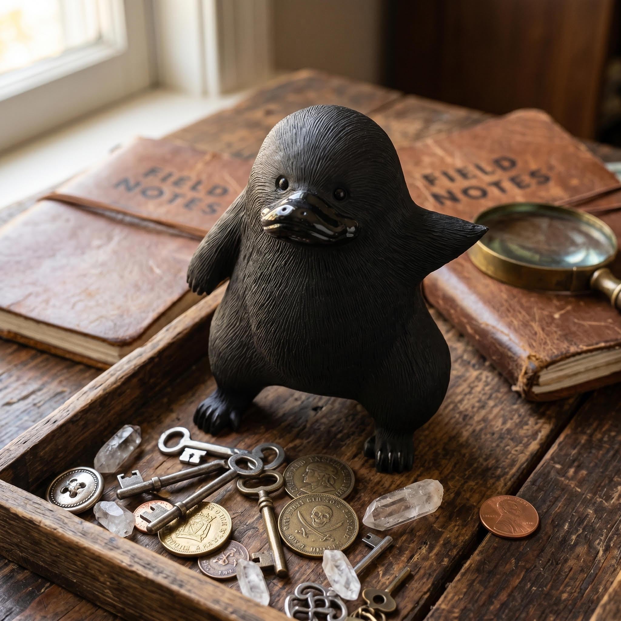 Hand-Carved Obsidian Platypus Statue, Natural Black Stone Animal Decor