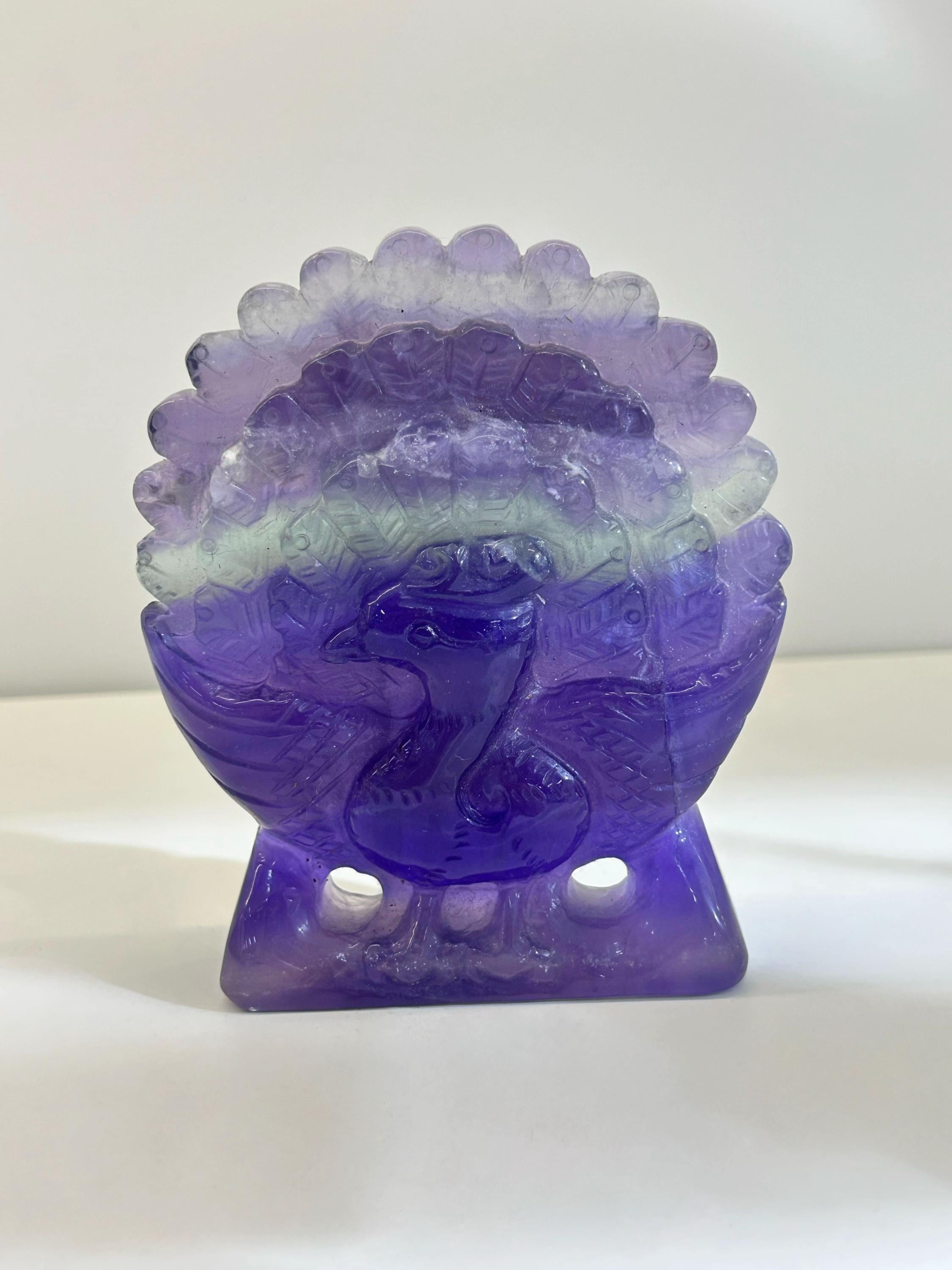 Purple Fluorite Peacock Carving, Natural Crystal Bird Figurine, Unique Home Decor, elegant housewarming gift