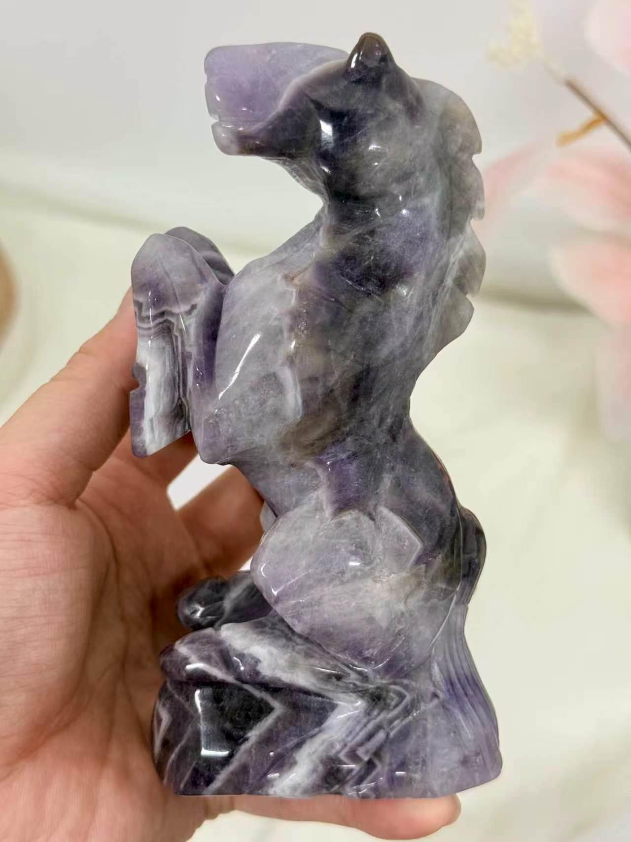 Dream Amethyst Horse Carving Chevron Crystal Figurine Equine Decor Gift