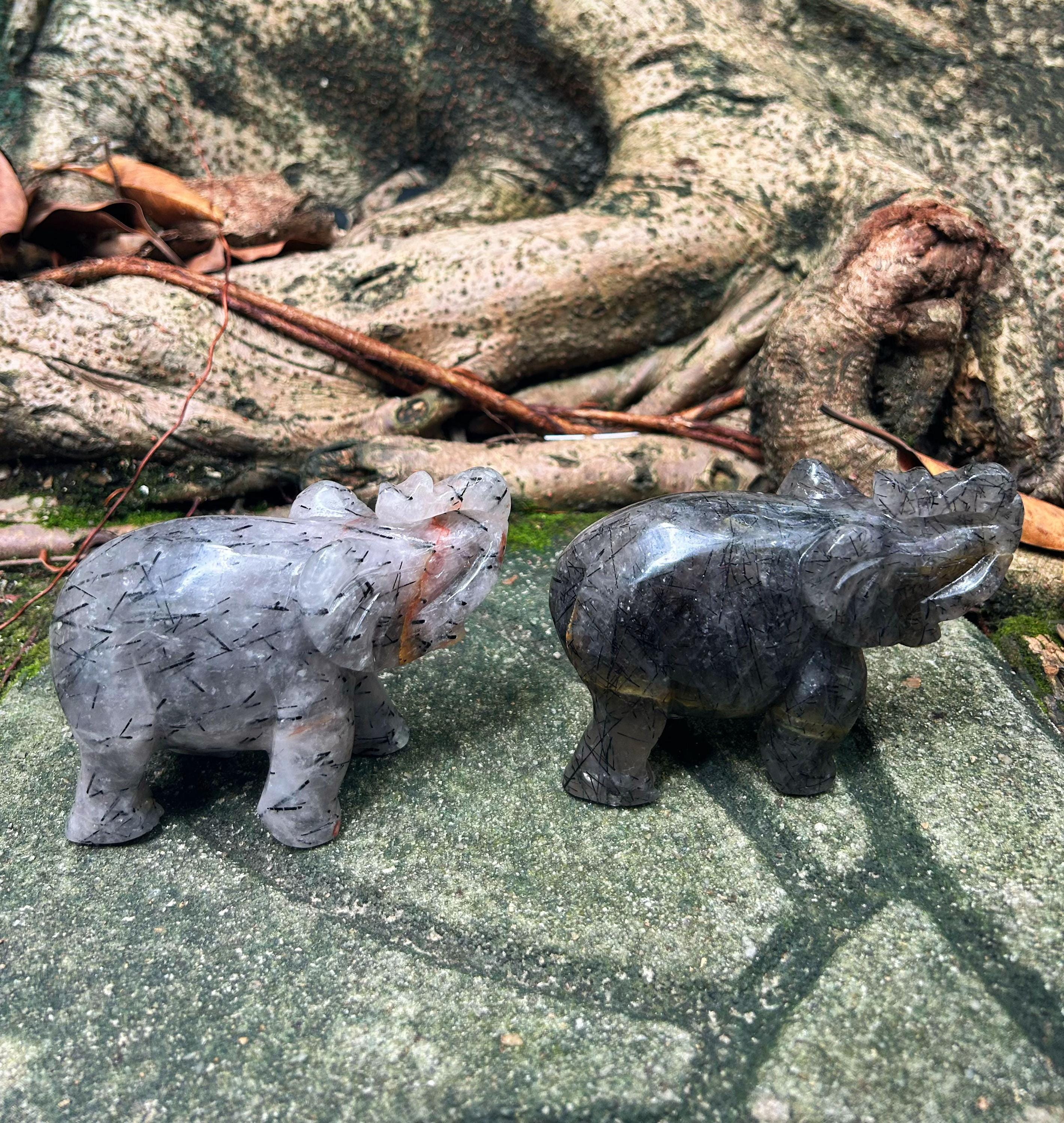 Black Rutilated Quartz Elephant Carving, Elephant Statue for Desk & Bookshelf, Symbol of Strength, Wisdom or Protection, Crystal Home Decor
