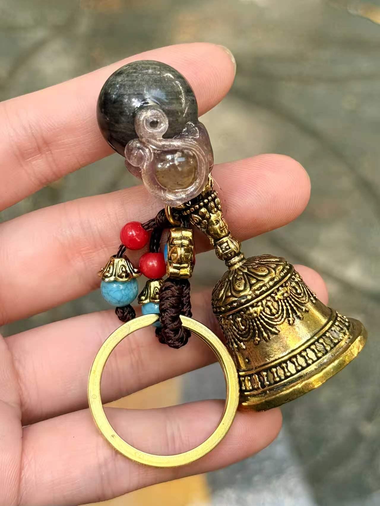 Natural Gemstone Bell Keychain, Antique Gold-Tone Charm, Good Luck Ornament