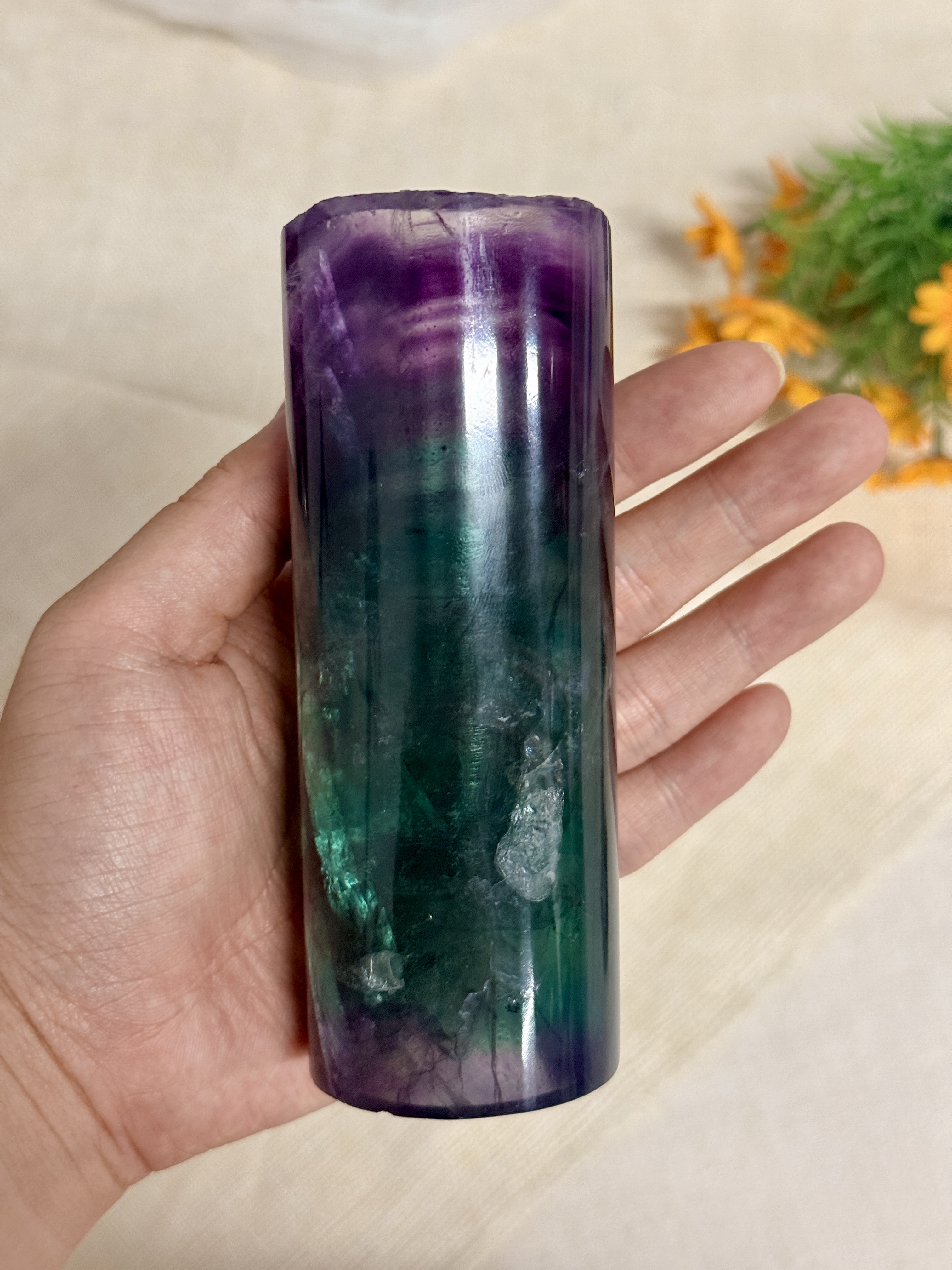 Natural Rainbow Fluorite Pen Holder – Purple Green Crystal Desk Organizer & Bedside Decor