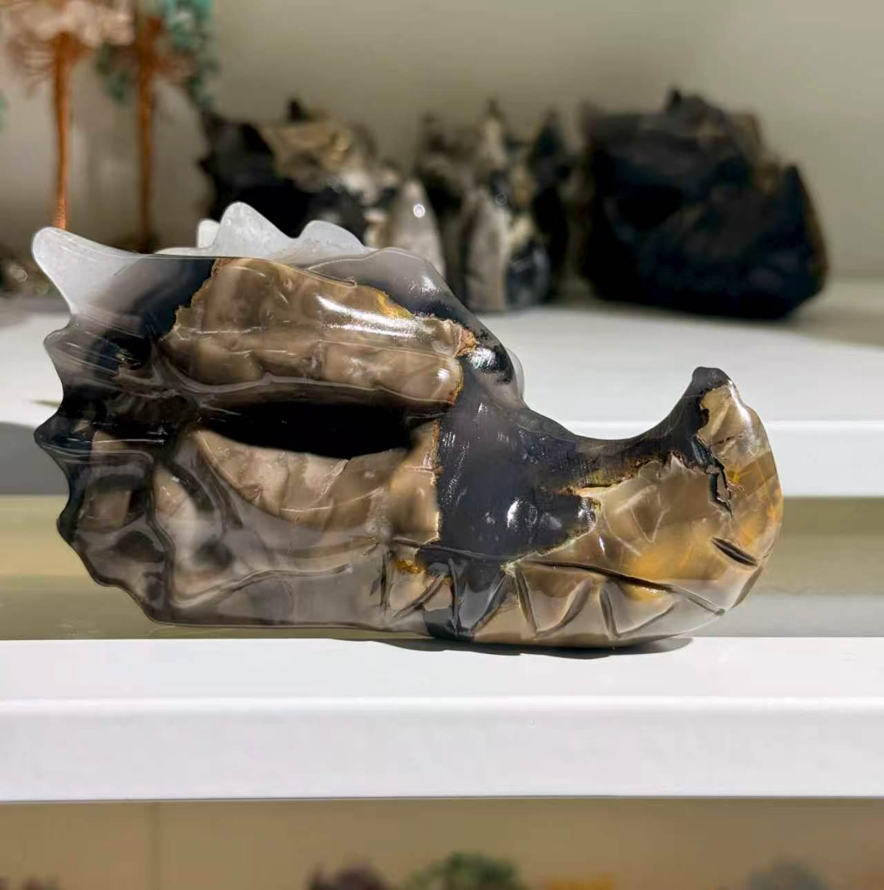 Volcano Agate Dragon Head Carving UV Reactive Crystal Skull Fantasy Decor