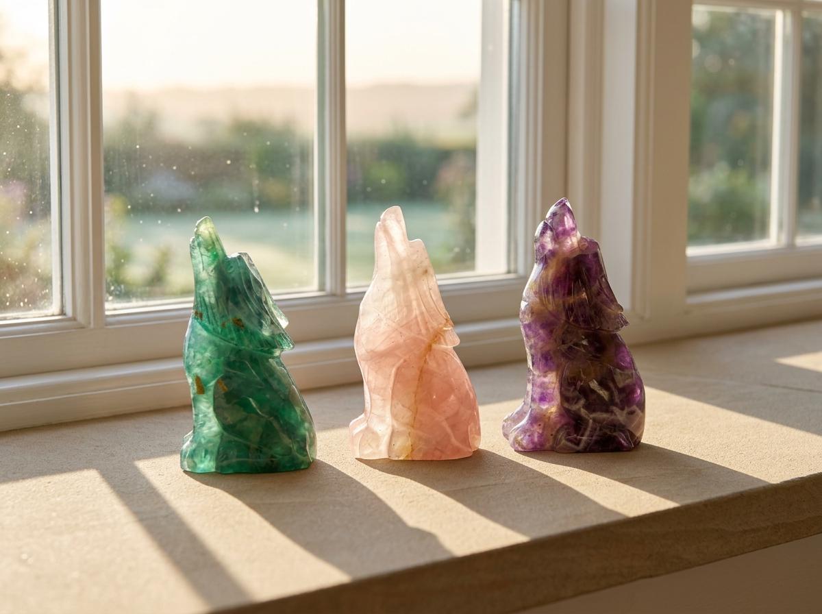 Crystal Wolf Carving, Gemstone Wolf Figurine, Fluorite, Rose Quartz & Amethyst, Spiritual Home Decor