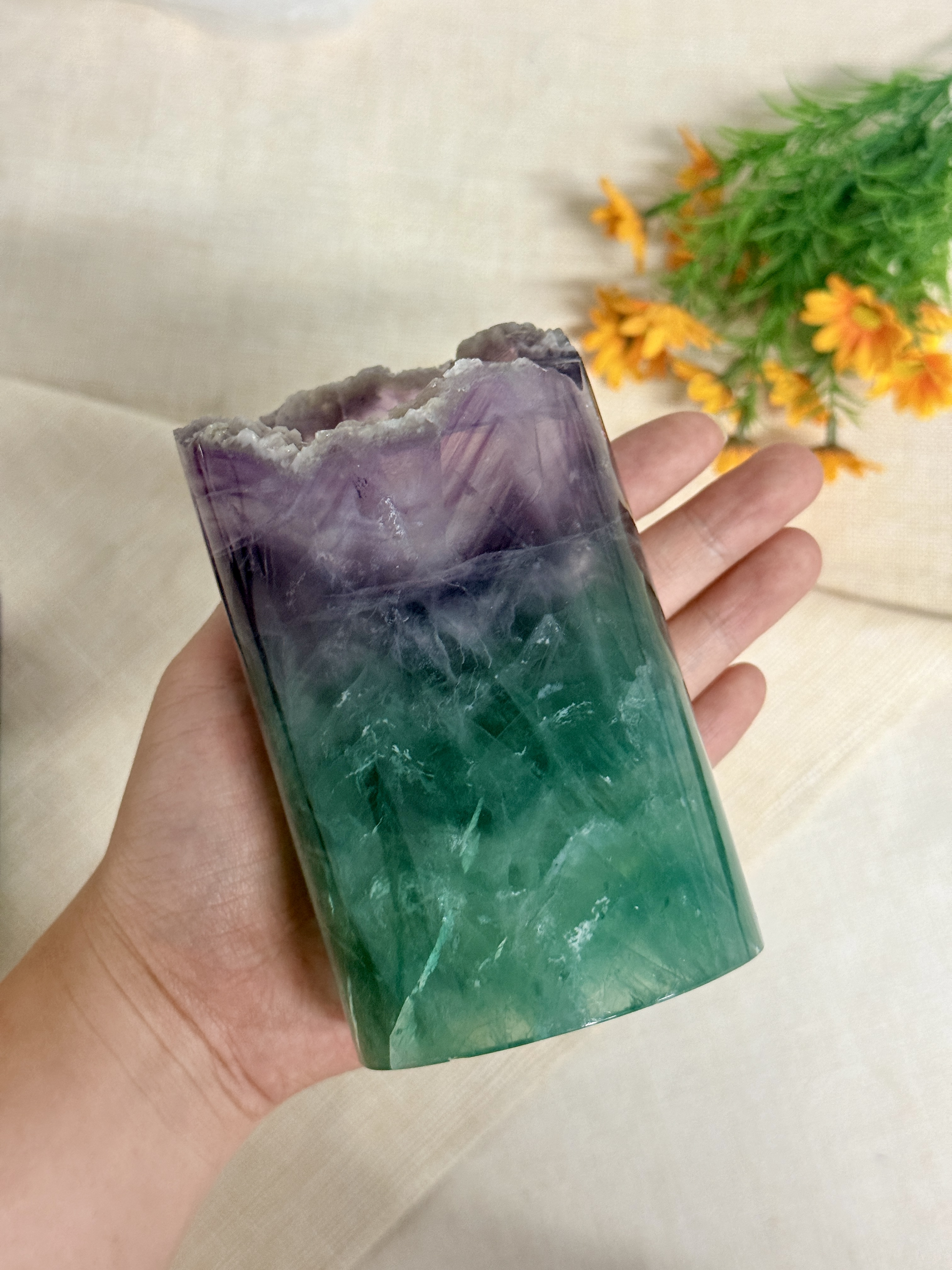 Natural Rainbow Fluorite Pen Holder – Purple Green Crystal Desk Organizer & Bedside Decor
