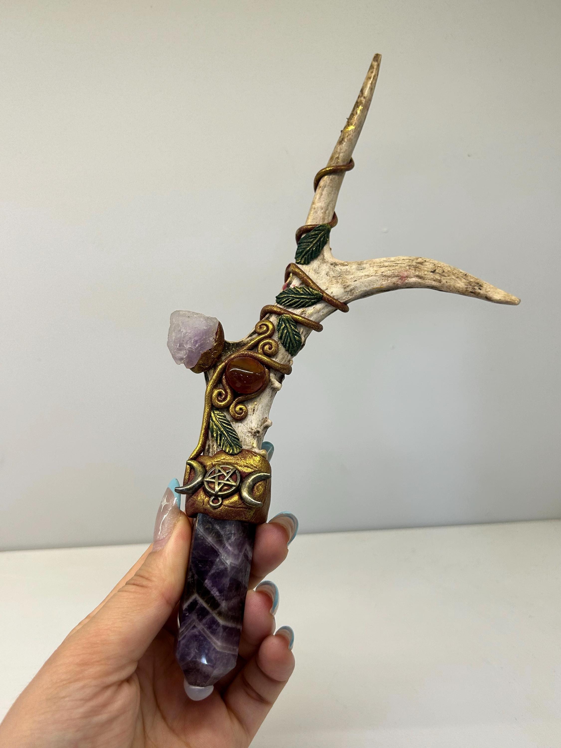 Handcrafted Crystal Wand, Antler Altar Decor, Gothic Fantasy Ritual Tool