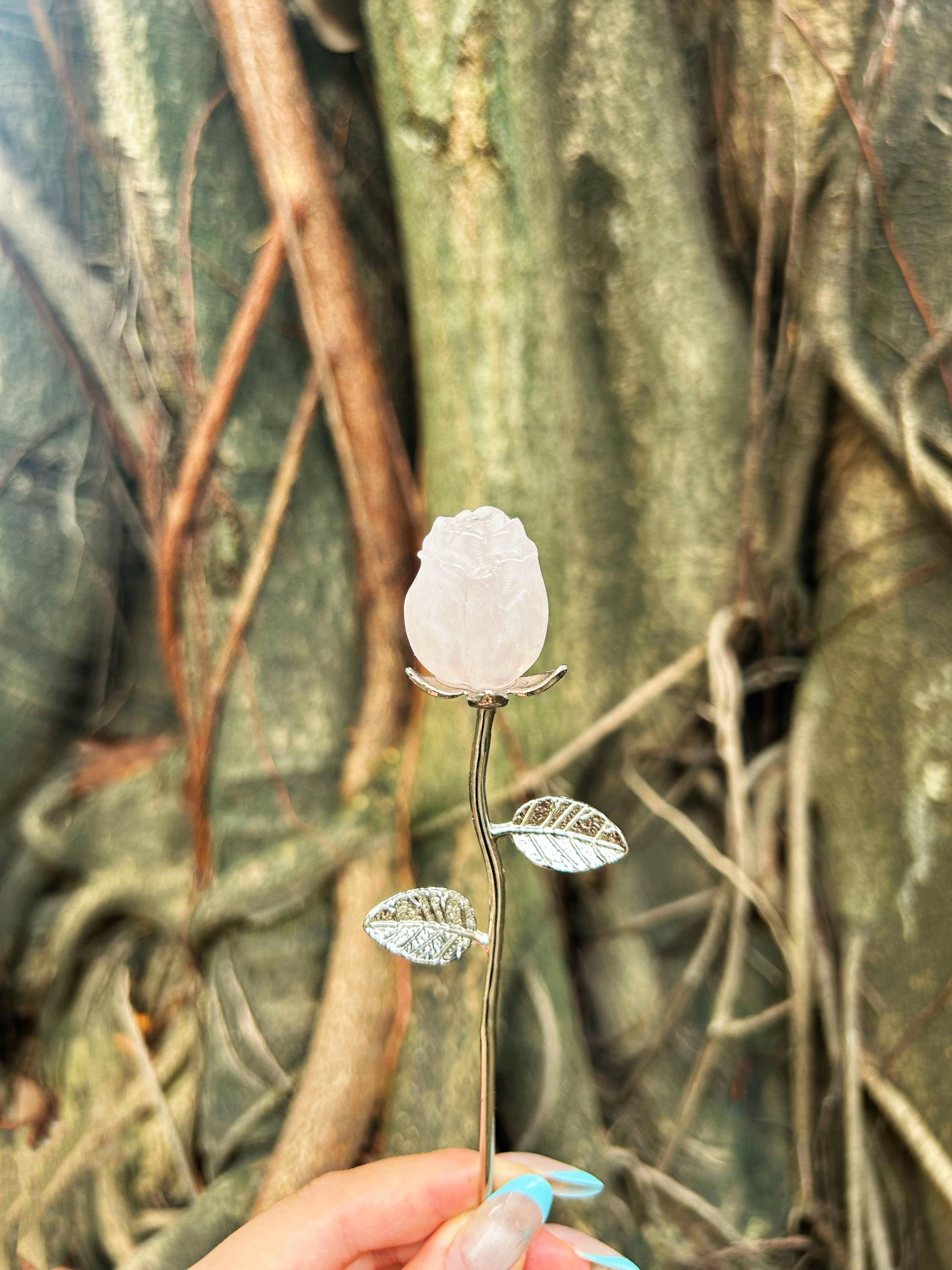 Eternal Crystal Flower, Natural Gemstone Carved Rose with Silver Stem, Everlasting Birthday Gift for Her, Healing Reiki Home Decor