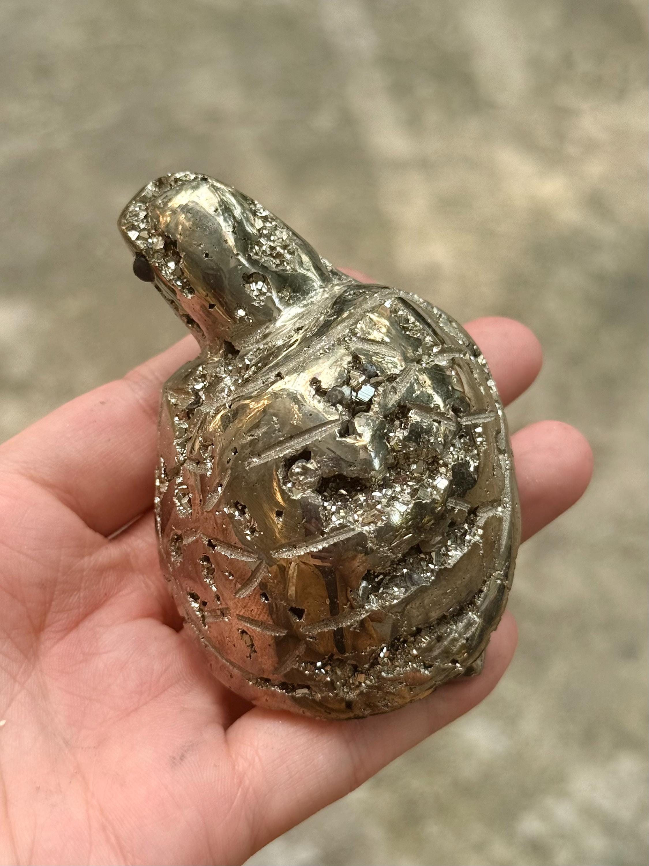 Pyrite Turtle Figurine, Hand Carved Crystal Animal Sculpture, Feng Shui Decor, Good Luck Gift