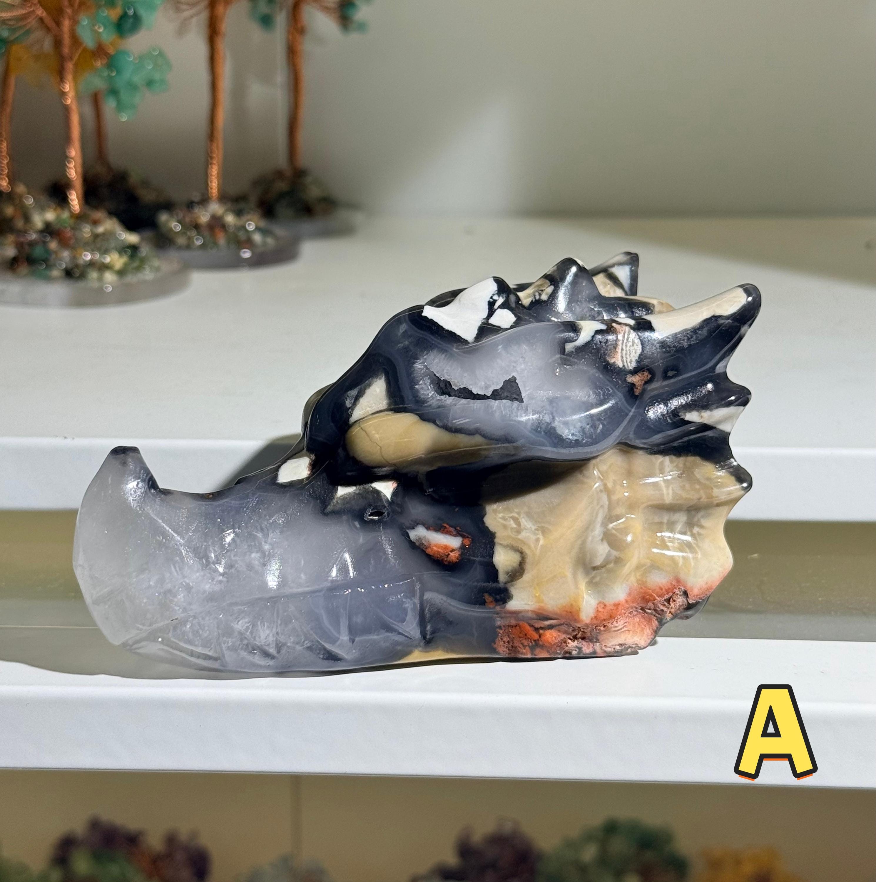 Volcano Agate Dragon Head Carving UV Reactive Crystal Skull Fantasy Decor