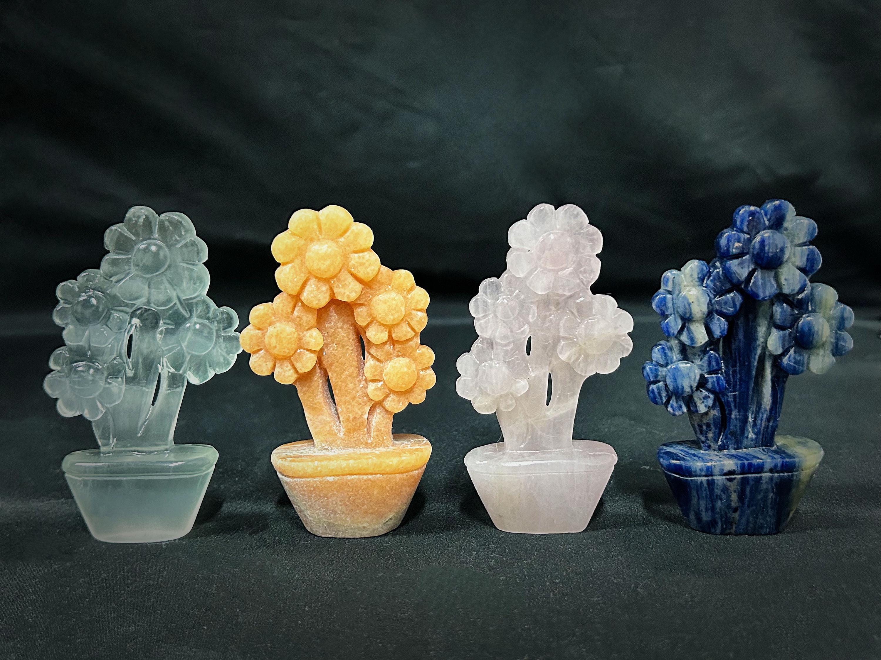 Hand Carved Gemstone Flower Tree, Mini Crystal Bonsai, Feng Shui Decor