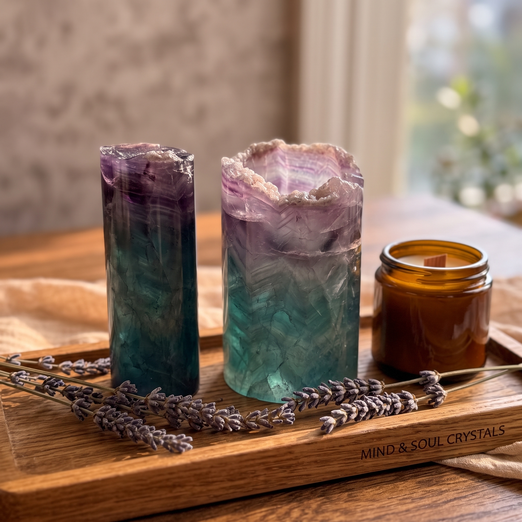 Natural Rainbow Fluorite Pen Holder – Purple Green Crystal Desk Organizer & Bedside Decor