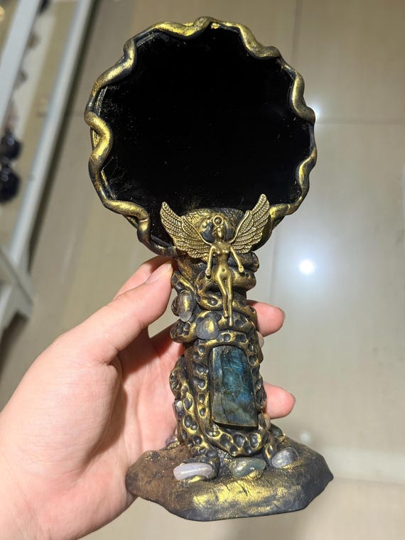 Black Obsidian Scrying Mirror, Gemstone Inlay Ritual Tool, Witchy Altar Decor, Divination Mirror