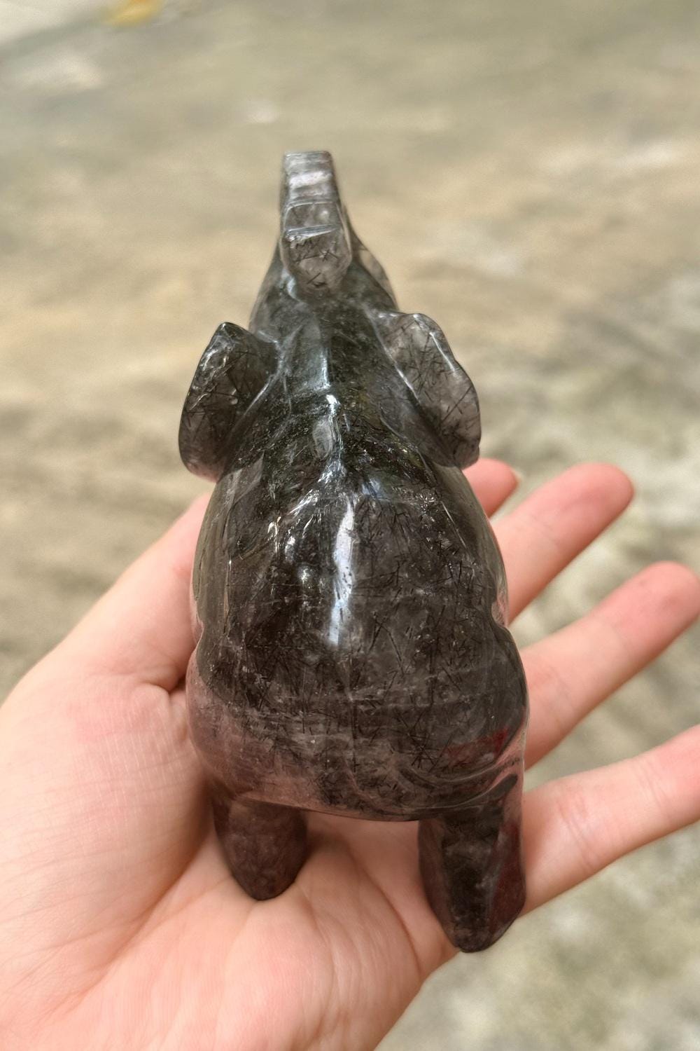 Black Tourmaline Elephant Figurine, Hand Carved Crystal Animal, Feng Shui Decor