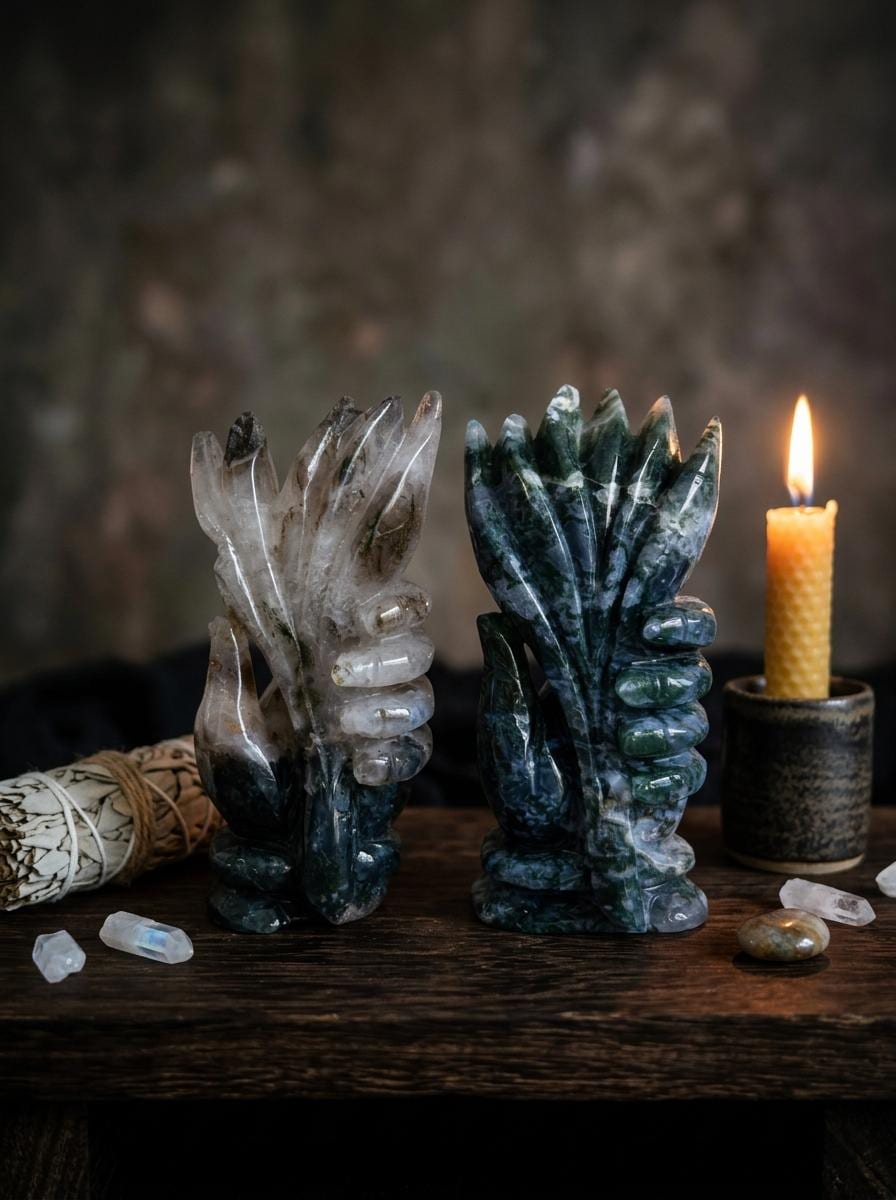 Moss Agate Hand Sculpture, Natural Crystal Hand Figurine, Stone Altar Decor, Meditation Space Crystal, Moss Agate Collectible
