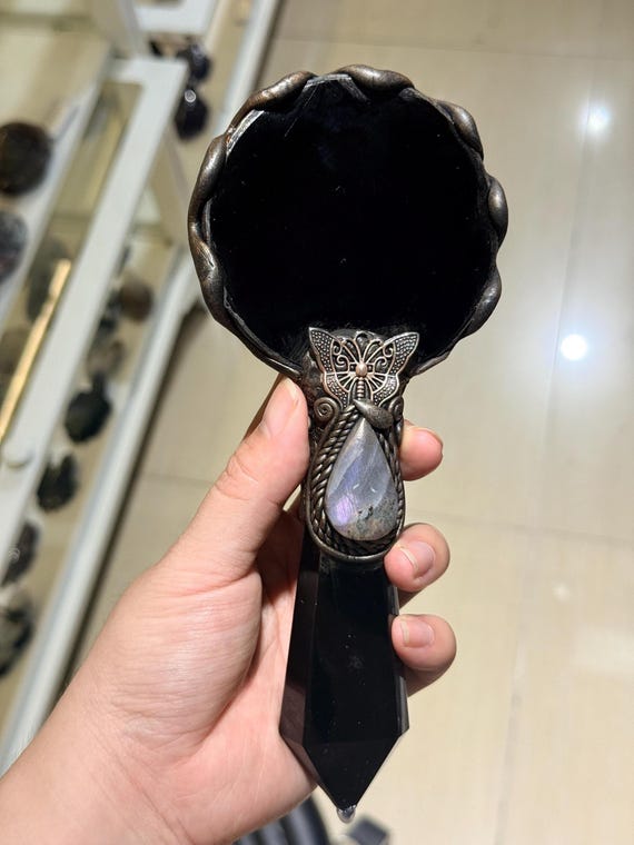 Black Obsidian Scrying Mirror, Gemstone Inlay Ritual Tool, Witchy Altar Decor, Divination Mirror